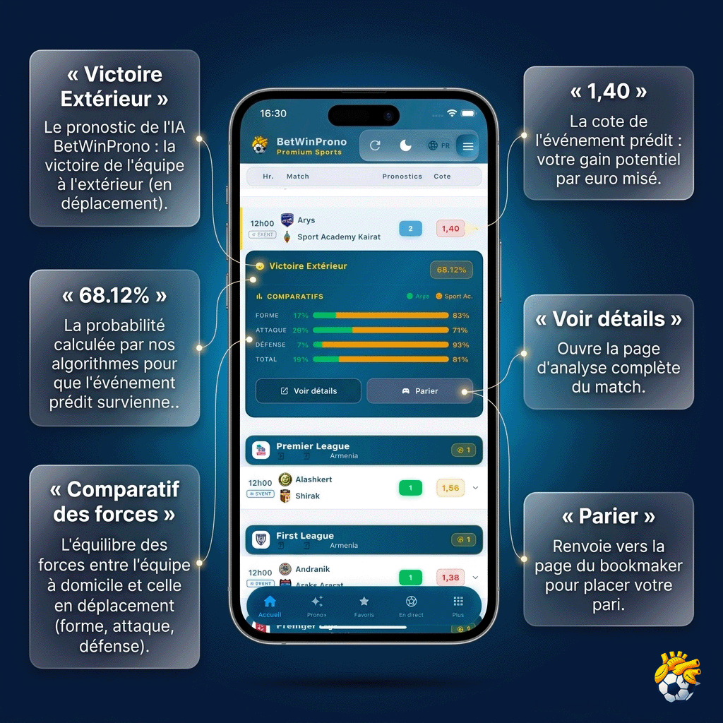 Carte de pronostic BetWinProno annotée : pronostic, probabilité, comparatif des forces, cote, boutons Voir détails et Parier